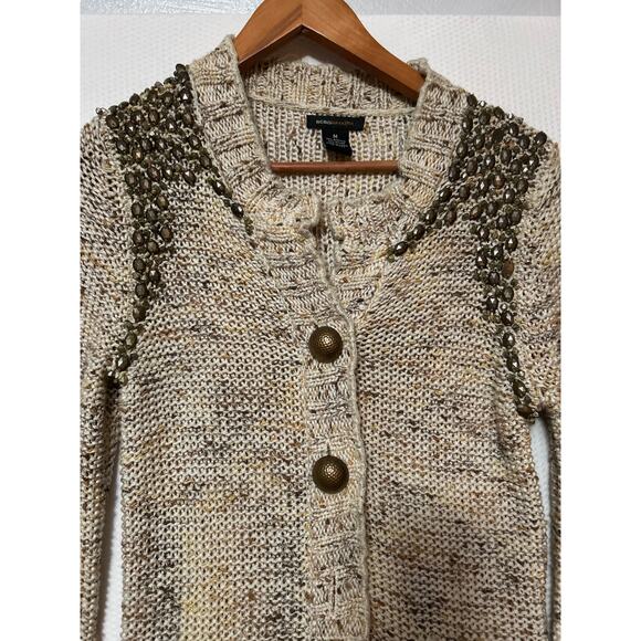 BCBG MAXAZRIA Womens Tan Brown Beige Studded Beaded Big Button Sweater Jacket M - Picture 3 of 10